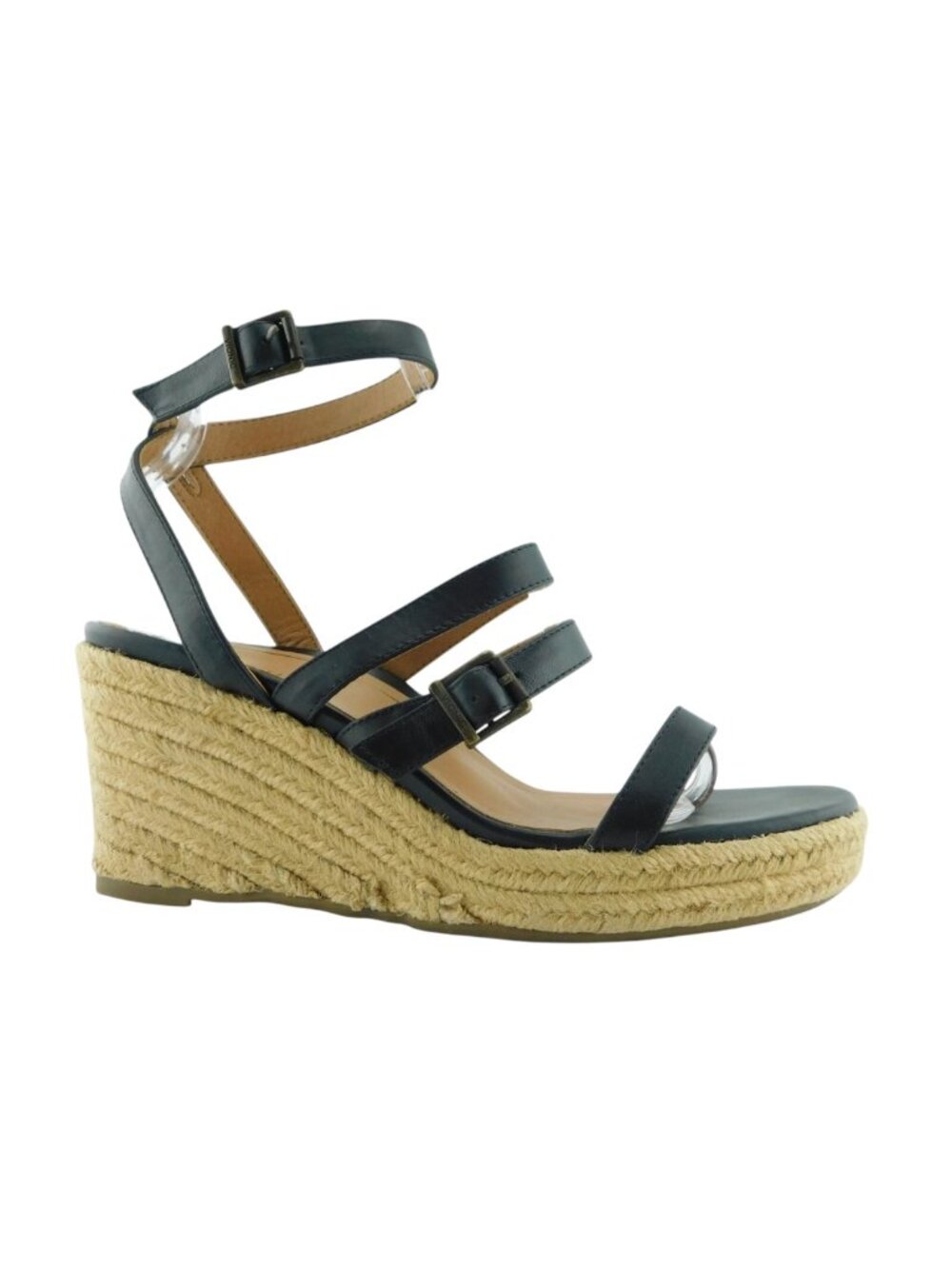 VIONIC Black Leather Adjustable Strap Espadrille Wedge Sandals 8.5